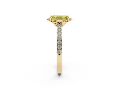 Fancy Yellow Emerald Cut Diamond Solitaire Ring Set in Yellow gold with Pavé Band and Floral Prong Setting