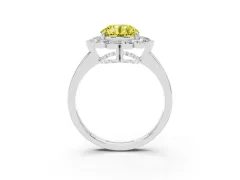 Fancy Yellow Round Cut Diamond Halo Cluster Engagement Ring Set in White gold with Solitaire Band and Prong Setting