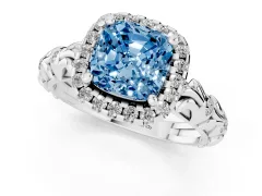 Fancy Blue Cushion Cut Diamond Halo Ring Set in Platinum with Filigree Leaf Band and Prong Setting