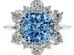 Fancy Blue Cushion Cut Diamond Cluster Halo Ring Set in Platinum with Solitaire Band and Prong Setting