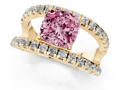 Fancy Pink Cushion Cut Diamond Split Shank Pavé Solitaire Ring Set in Yellow gold with Open Shank Design
