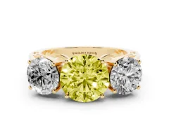 Fancy Yellow Round Cut Diamond Three-Stone Ring Set in Yellow gold with Textured Band
