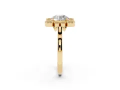 Round Cut Diamond Cluster Halo Ring Set in Yellow gold with Milgrain Bezel Accents and Plain Band