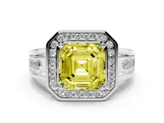 Fancy Yellow Asscher Cut Diamond Halo Ring Set in Silver with Pavé and Bezel Accent Split Shank