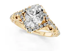 Oval Cut Diamond Solitaire Ring Set in Yellow gold with Hidden Halo and Pavé Band