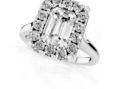 Emerald Cut Diamond Cluster Halo Solitaire Ring Set in Silver with Prong Setting