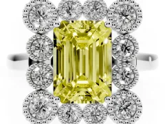 Fancy Yellow Emerald Cut Diamond Cluster Halo Ring Set in Silver with Milgrain Bezel Accents and Plain Band