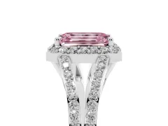 Fancy Pink Emerald Cut Diamond Halo Split Shank Pavé Ring Set in Silver with Prong Setting