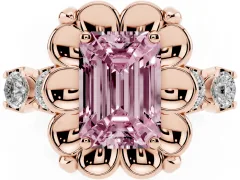 Fancy Pink Emerald Cut Diamond Floral Halo Ring Set in Rose gold with Shared Prong Band