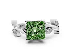 Fancy Green Princess Cut Diamond Solitaire Ring Set in Platinum with Twisted Marquise Accent Band