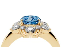 Fancy Blue Cushion Cut Diamond Cluster Halo Ring Set in Yellow gold with Solitaire Band and Prong Setting