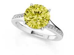 Fancy Yellow Round Cut Diamond Solitaire Ring Set in Silver with Pavé Accent Band and Classic Prong Setting