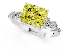 Fancy Yellow Radiant Cut Diamond Ring Set in Platinum with Scattered Round Accents