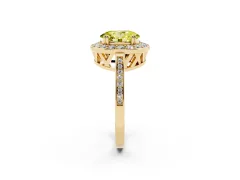 Fancy Yellow Oval Cut Diamond Halo Ring Set in Yellow gold with Accent-Lined Split Shank and Prong Setting