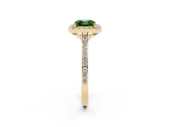 Fancy Green Asscher Cut Diamond Halo Engagement Ring Set in Yellow gold with Round Pavé Shoulders and Heart Gallery