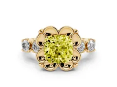 Fancy Yellow Cushion Cut Diamond Floral Halo Ring Set in Yellow gold with Shared Prong Band