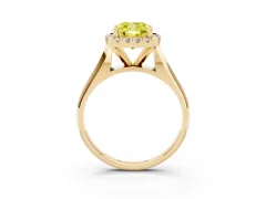 Fancy Yellow Cushion Cut Diamond Halo Solitaire Engagement Ring Set in Yellow gold with Square Band and Prong Setting