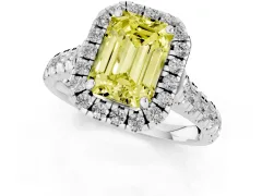 Fancy Yellow Emerald Cut Diamond Halo Engagement Ring Set in Silver with Pavé Band and Prong-Set Center