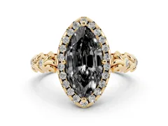 Fancy Black Marquise Cut Diamond Halo Ring Set in Yellow gold with Filigree Leaf Band and Prong Setting