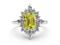 Fancy Yellow Emerald Cut Diamond Cluster Halo Ring Set in White gold with Marquise and Round Accents