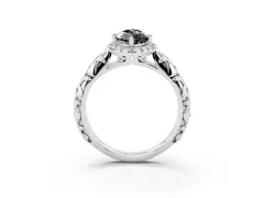 Fancy Black Marquise Cut Diamond Halo Ring Set in White gold with Filigree Leaf Band and Prong Setting