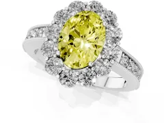 Fancy Yellow Oval Cut Diamond Halo Pavé Engagement Ring Set in Platinum with Milgrain Detailing