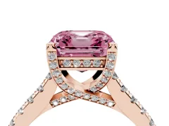 Fancy Pink Asscher Cut Diamond Solitaire Ring Set in Rose gold with Brilliant Pavé Band and Prong Setting
