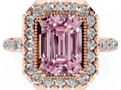 Fancy Pink Emerald Cut Diamond Halo Ring Set in Rose gold with Pavé Shank and Prong Setting