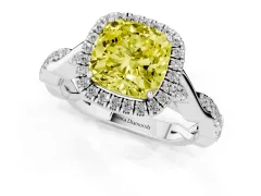 Fancy Yellow Cushion Cut Diamond Halo Twist Band Solitaire Ring Set in Silver with Prong Setting