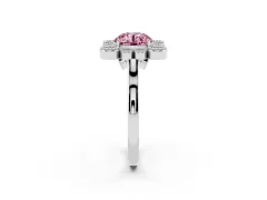 Fancy Pink Round Cut Diamond Cluster Halo Ring Set in Platinum with Milgrain Bezel Accents and Plain Band