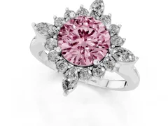 Fancy Pink Round Cut Diamond Cluster Halo Ring Set in Platinum with Marquise and Round Accents