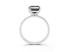 Fancy Black Asscher Cut Diamond Solitaire Engagement Ring Set in White gold with Round Pavé Band and Prong Setting