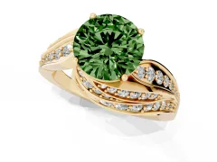 Fancy Green Round Cut Diamond Solitaire Ring Set in Yellow gold with Layered Twist Pavé Band
