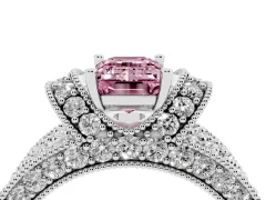 Fancy Pink Emerald Cut Diamond Milgrain Halo Pavé Engagement Ring Set in Platinum with Prong Setting