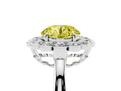 Fancy Yellow Round Cut Diamond Halo Cluster Engagement Ring Set in White gold with Solitaire Band and Prong Setting