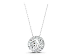 Round Prong-Set Diamond Pendant Set in White gold with Pavé Crescent