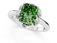 Fancy Green Radiant Cut Diamond Round Cluster Halo Ring Set in Platinum with Solitaire Band and Prong Setting