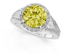 Fancy Yellow Round Cut Diamond Halo Split Shank Ring Set in White gold with Accent Stones and Prong Setting