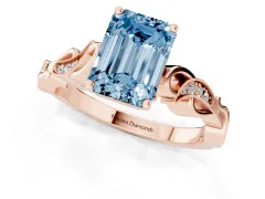 Fancy Blue Emerald Cut Diamond Vine Band Solitaire Ring Set in Rose gold with Milgrain Prong Setting
