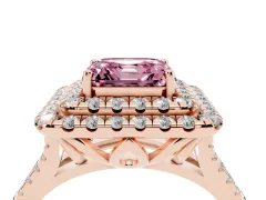 Fancy Pink Asscher Cut Diamond Double Halo Ring Set in Rose gold with Pavé Split Shank and Prong Setting