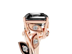 Fancy Black Asscher Cut Diamond Solitaire Twist Engagement Ring Set in Rose gold with Pavé Leaf Accents