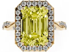 Fancy Yellow Emerald Cut Diamond Halo Twist Band Solitaire Ring Set in Yellow gold with Prong Setting