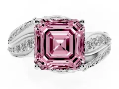 Fancy Pink Asscher Cut Diamond Solitaire Ring Set in Platinum with Layered Twist Pavé Band