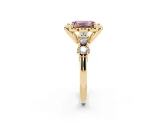 Fancy Pink Emerald Cut Diamond Floral Halo Ring Set in Yellow gold with Shared Prong Band