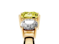 Fancy Yellow Princess Cut Diamond Three-Stone Ring Set in Yellow gold with Round Side Stones and Classic Band