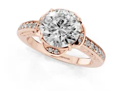 Round Cut Diamond Halo Ring Set in Rose gold with Channel Set Band and Prong Setting