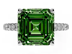 Fancy Green Asscher Cut Diamond Solitaire Ring Set in Silver with Brilliant Pavé Band and Prong Setting