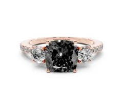 Fancy Black Cushion Cut Diamond Three-Stone Ring Set in Rose gold with Pavé Band and Graduated Sides
