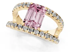 Fancy Pink Emerald Cut Diamond Split Shank Pavé Solitaire Ring Set in Yellow gold with Open Shank Design