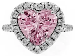 Fancy Pink Heart Cut Diamond Pavé Halo Engagement Ring Set in Platinum with Pavé Band and Prong Setting